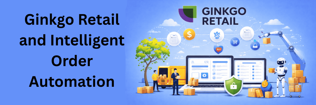 Illustration of intelligent order automation featuring dashboards, robotic assistance, logistics boxes, delivery van, and automated workflows for modern retail operations.