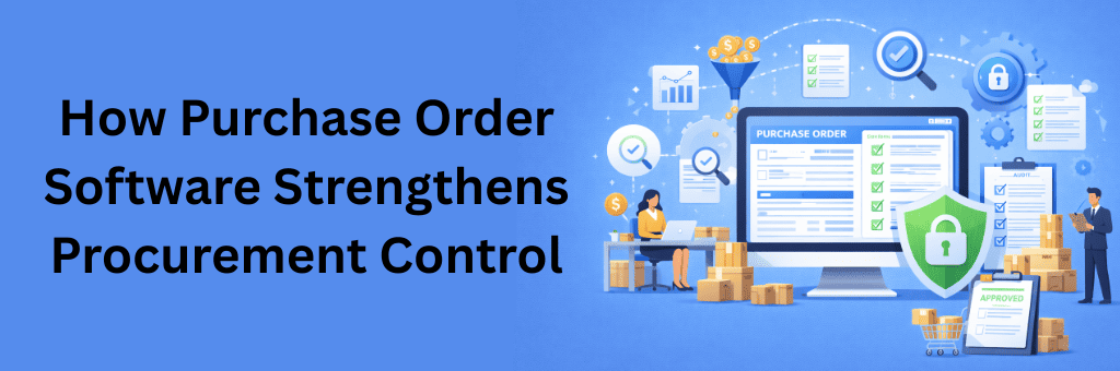 Modern illustration of purchase order software displaying approval checklists, security shield, audit documents, and procurement professionals managing controlled purchasing workflows
